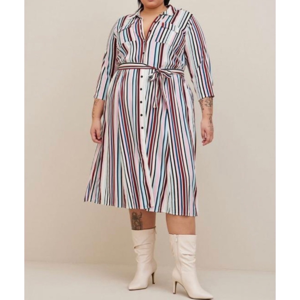 🆕Midi Stretch Challis Button Front Shirt Dress Stripe 2 2X 18 20 NWT Torrid New